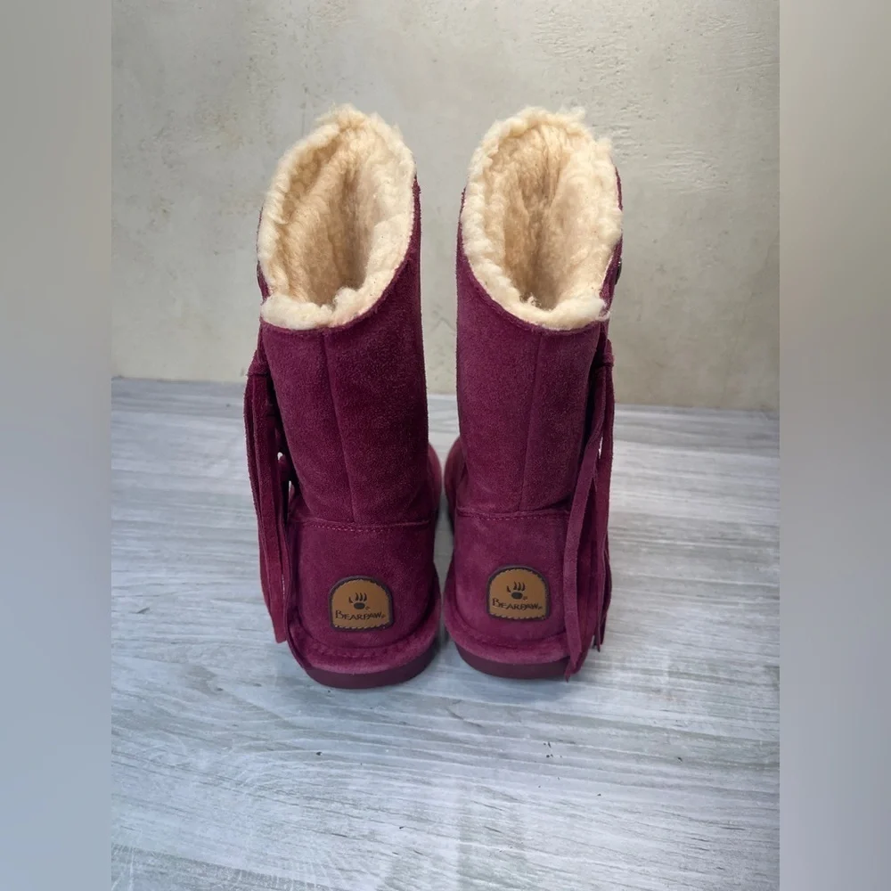 Bearpaw Arya Burgundy Maroon Suede Wool Blend Lining Fringe Winter Boots Size 7